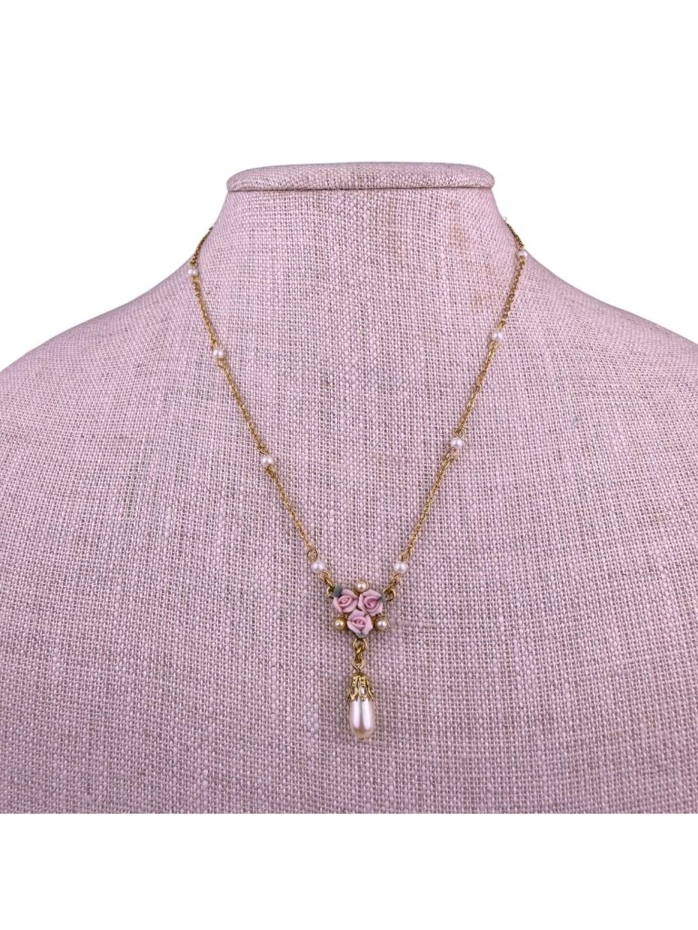 Gold Tone Womens Pink Synthetic Pearl Floral Necklace & Earring Set Lightweight